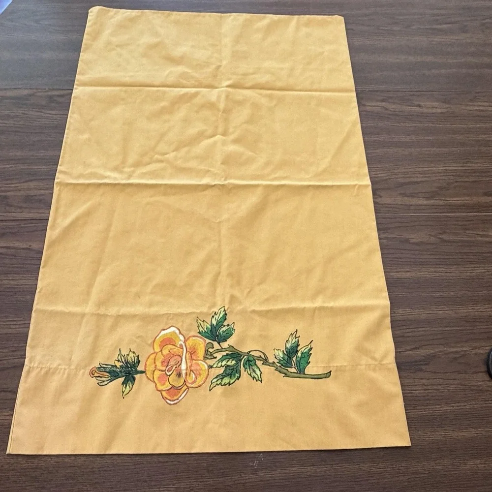 Vintage Hand painted Golden Yellow Floral Pillowcase Percale Standard Size